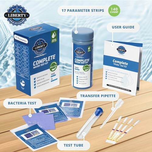Complete water test kit with strips, guide, pipette, and test tube.