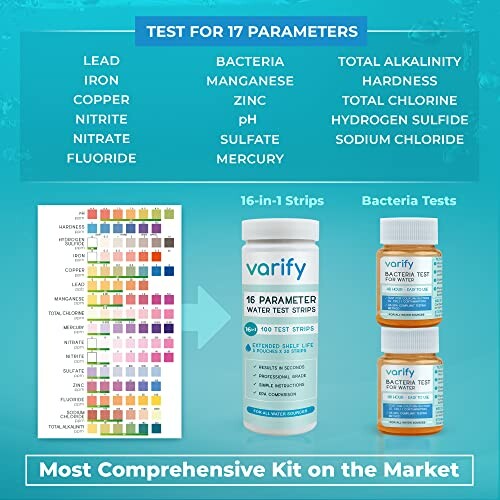 Comprehensive water test kit for 17 parameters including lead, iron, copper, and bacteria.