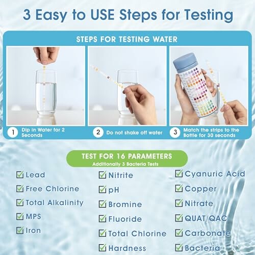 Infographic showing three steps for testing water with a test strip.
