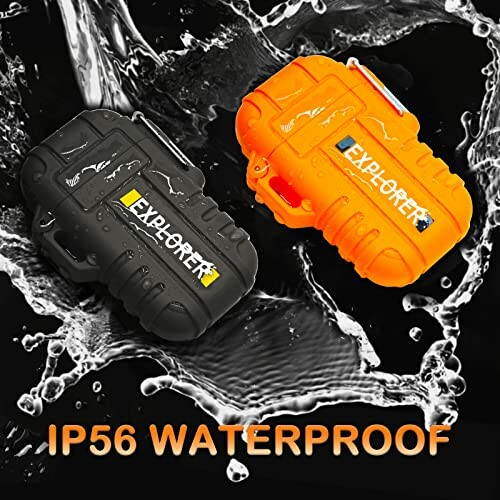 Two waterproof Explorer lighters, one black and one orange, with water splashes and IP56 rating.