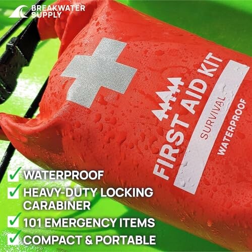 Waterproof first aid kit with emergency items and locking carabiner.