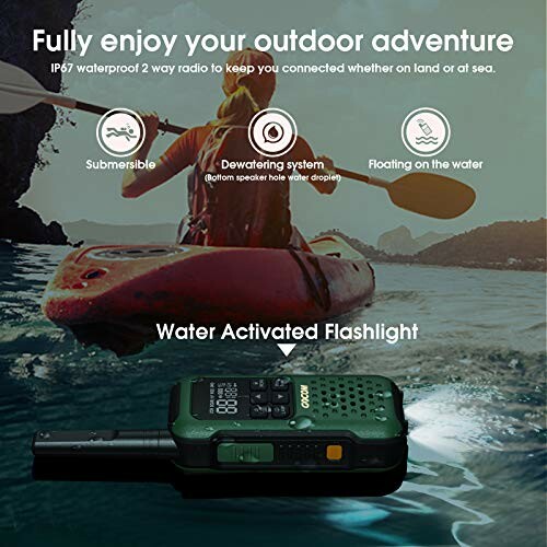 Kayaker using waterproof 2-way radio with features highlighted.