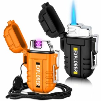 Two explorer lighters, one orange with an electric arc and one black with a blue flame.