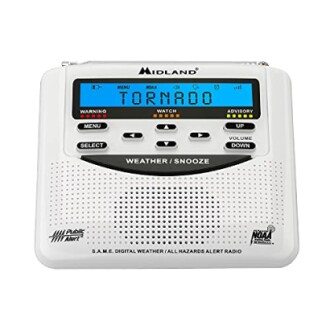 Weather alert radio displaying tornado warning