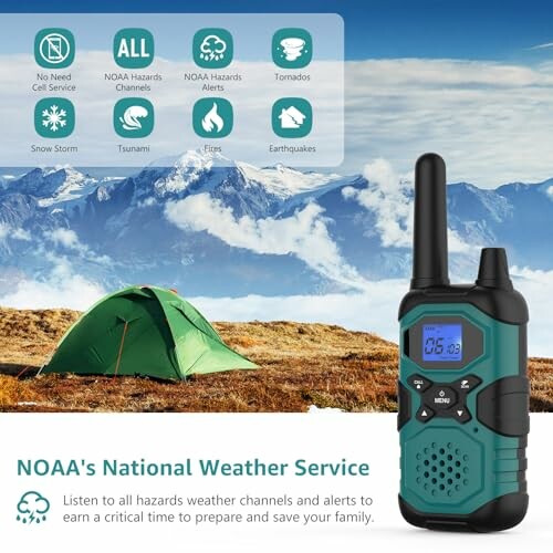 Weather radio and tent in scenic mountain landscape.