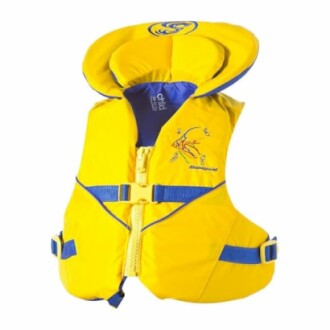 Yellow child life jacket with blue straps and zipper.