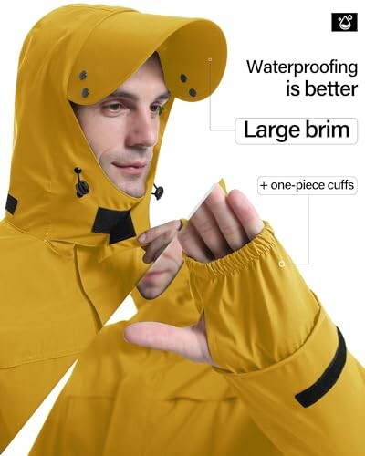 Person wearing yellow rain jacket with large brim and one-piece cuffs.