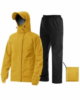 Yellow rain jacket with hood and black pants set.