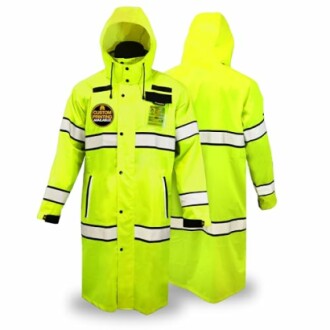 Bright yellow reflective safety raincoat with hood and custom patch.