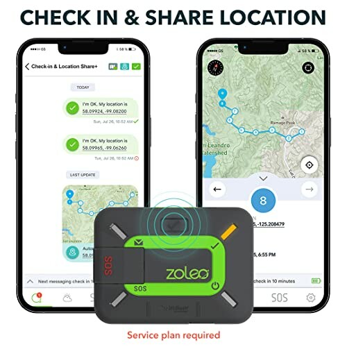 ZOLEO device with check-in and location sharing app display.